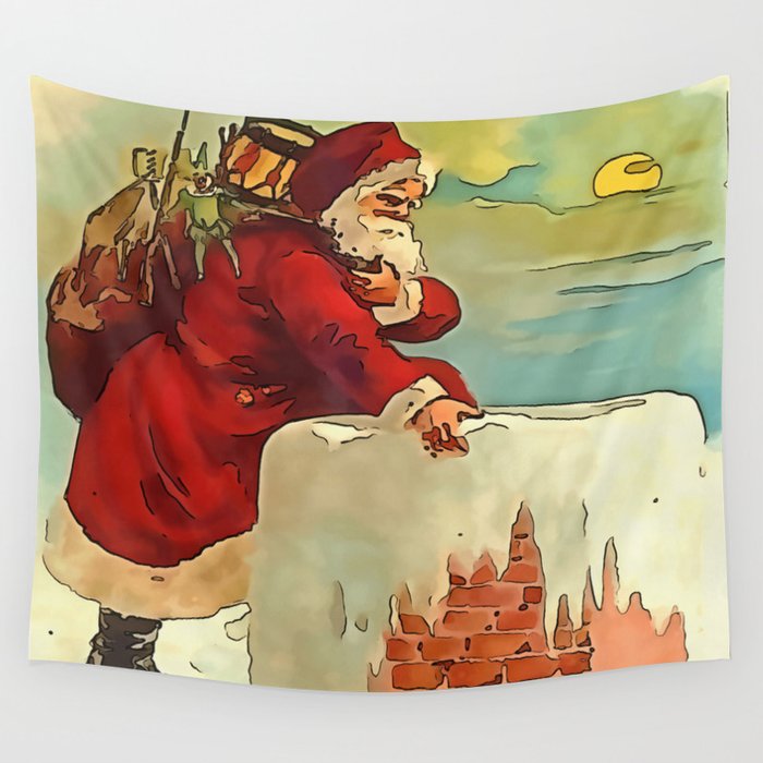 Santa Stepping Into A Rooftop Chimney Wall Tapestry