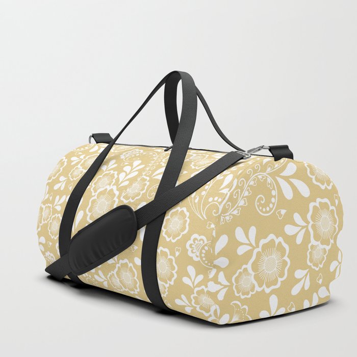 Tan And White Eastern Floral Pattern Duffle Bag