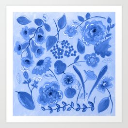 Flower and Leaf Explosion - blue Art Print