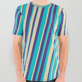 [ Thumbnail: Dark Turquoise, Tan, and Dark Slate Blue Colored Lines/Stripes Pattern All Over Graphic Tee ]