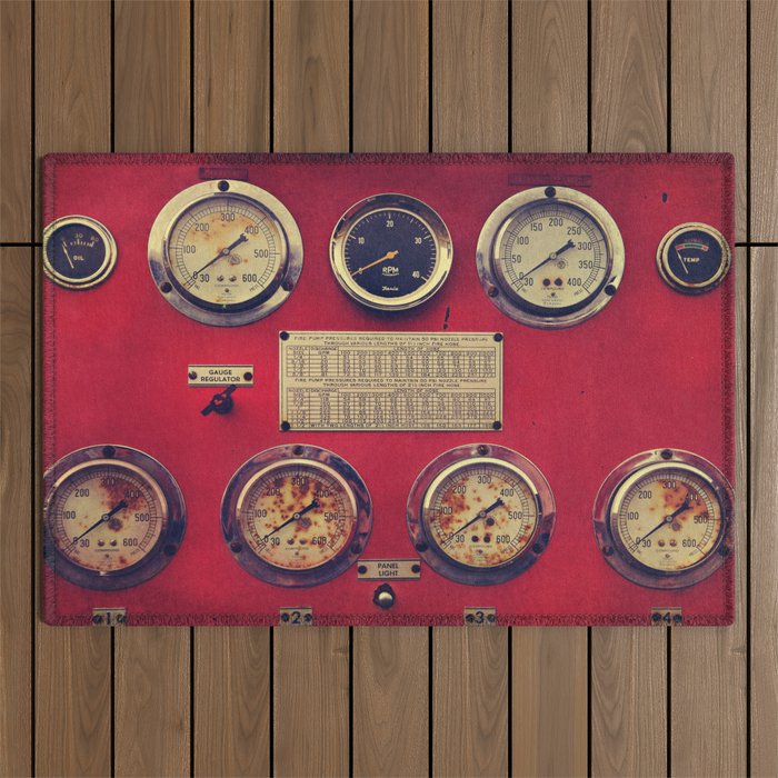 Old Gauges on a Fire Truck Outdoor Rug