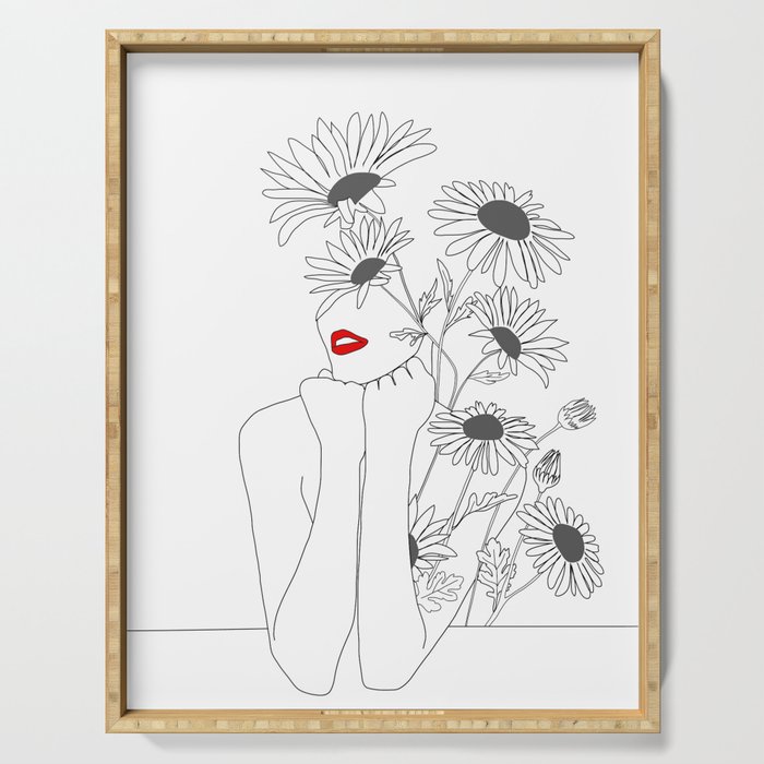 Minimal Line Art Girl with Sunflowers Serving Tray