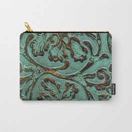 Aqua Flowers Tooled Leather Carry-All Pouch
