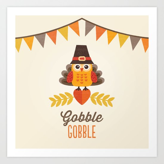 THANKSGIVING OWL IN TURKEY COSTUME AND PILGRIM HAT Art Print