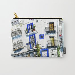 Old town houses and bars - Dalt Vila Ibiza Carry-All Pouch | Painting, Sketch, Ibiza, Inkpen, Cat, Urbansketch, Holidays, Palmtree, Nightbar, Watercolorsketch 