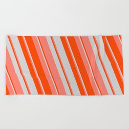 [ Thumbnail: Red, Light Grey & Salmon Colored Striped/Lined Pattern Beach Towel ]
