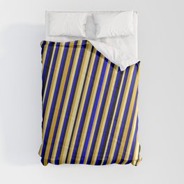 [ Thumbnail: Goldenrod, Pale Goldenrod, Blue & Black Colored Striped Pattern Comforter ]