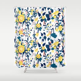 Buttercup yellow, salmon pink, and navy blue flowers on white background pattern Shower Curtain