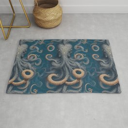 Octopus With Six Eyes Vintage Blue Beige Nautical Area & Throw Rug