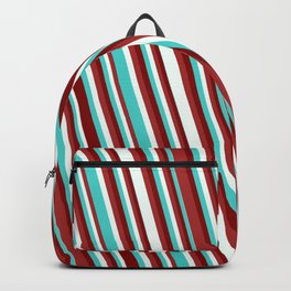 [ Thumbnail: Turquoise, Maroon, Brown & Mint Cream Colored Pattern of Stripes Backpack ]