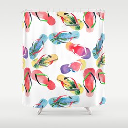 Beautiful bright comfort summer pattern of beach blue yellow flip flops with tropical palm design, red green flip flops, yellow orange pink red blue purple flip flops watercolor hand illustration Shower Curtain