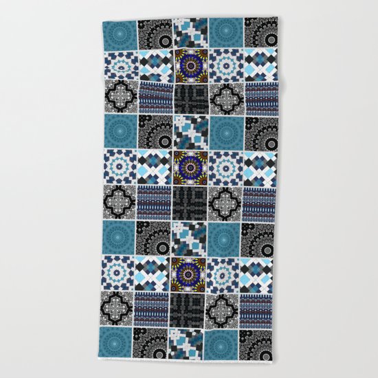 Patchwork . Blue , black and grey . Beach Towel