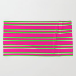 [ Thumbnail: Deep Pink, Lime & Green Colored Pattern of Stripes Beach Towel ]