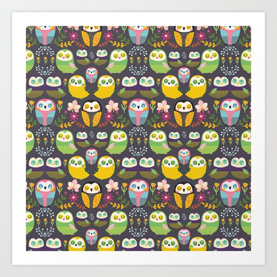 Owls and flowers Art Print