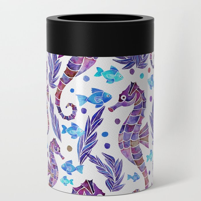 Seahorse Watercolor Pattern - Purple & Blue Can Cooler