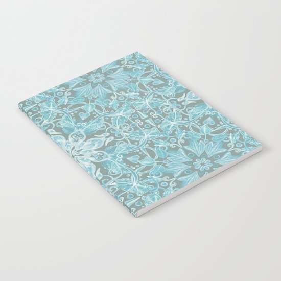 Soft Teal Blue & Grey hand drawn floral pattern Notebook