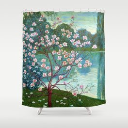 Springtime Pink Magnolias by the Kettle Pond landscape by Wilhelm List Shower Curtain