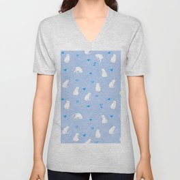 White Cats With Blue Hearts Pattern/Light Blue Background V Neck T Shirt
