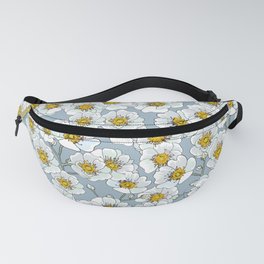 Pattern with white wild rose flower or dog rose or rosa canina on gray blue background. Blossoming tree Fanny Pack