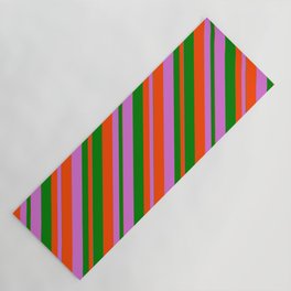 [ Thumbnail: Orchid, Green & Red Colored Stripes/Lines Pattern Yoga Mat ]
