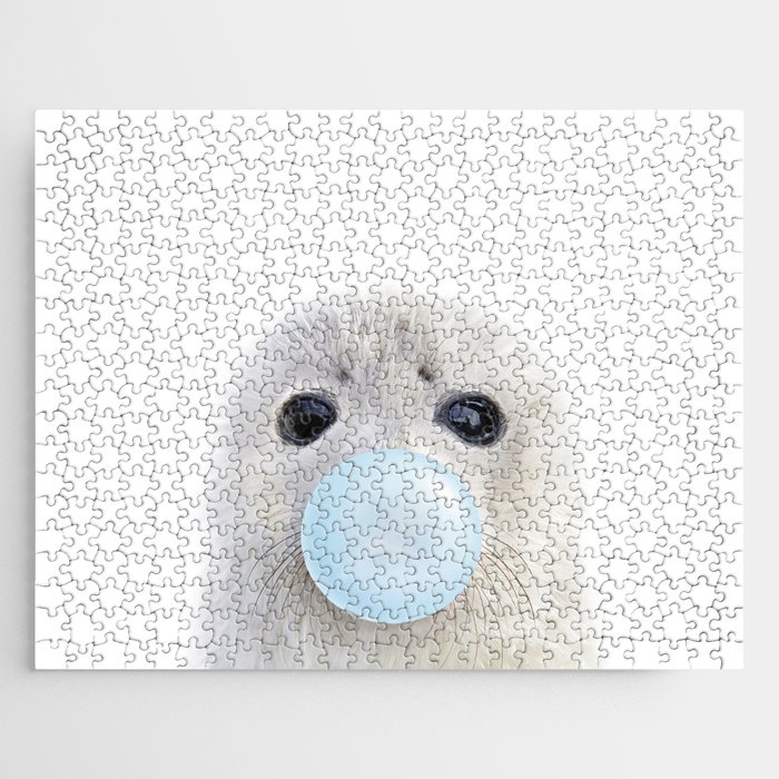 Baby Seal Blowing Blue Bubble Gum, Baby Boy, Art for Kids, Baby Animals Art Print by Synplus Jigsaw Puzzle