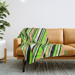 [ Thumbnail: Eyecatching Chartreuse, Light Salmon, Forest Green, Beige & Black Colored Striped/Lined Pattern Throw Blanket ]