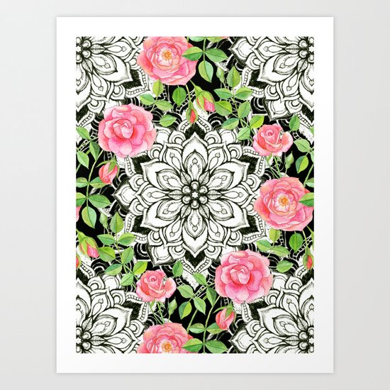 Peach Pink Roses and Mandalas on Black and White Lace Art Print