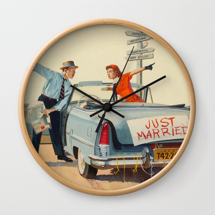 Just Married Retro Couple Wall Clock