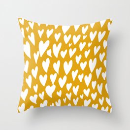 Valentines day hearts explosion - white on ochre Throw Pillow
