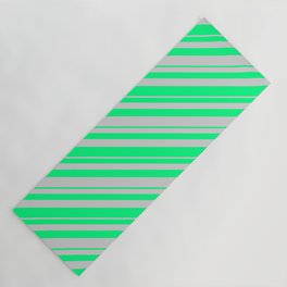 [ Thumbnail: Green & Light Gray Colored Striped/Lined Pattern Yoga Mat ]