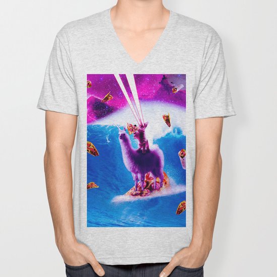 Laser Eyes Space Cat Riding On Surfing Llama Unicorn Unisex V Neck