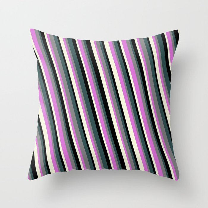 Dark Slate Gray, Grey, Orchid, Beige & Black Colored Stripes Pattern Throw Pillow