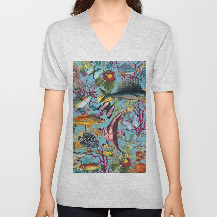 Vintage Floral Ocean on Blue V Neck T Shirt