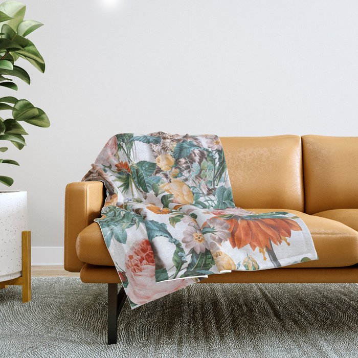 Cat and Floral Pattern III Throw Blanket | Painting, Animals, Nature, Pattern, Vintage, Flowers, Cat, Cats, Animal, Cute