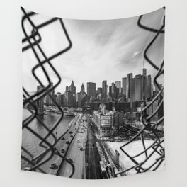 Views of New York City | Skyline and Brooklyn Bridge Through the Fence | Black and White Wall Tapestry