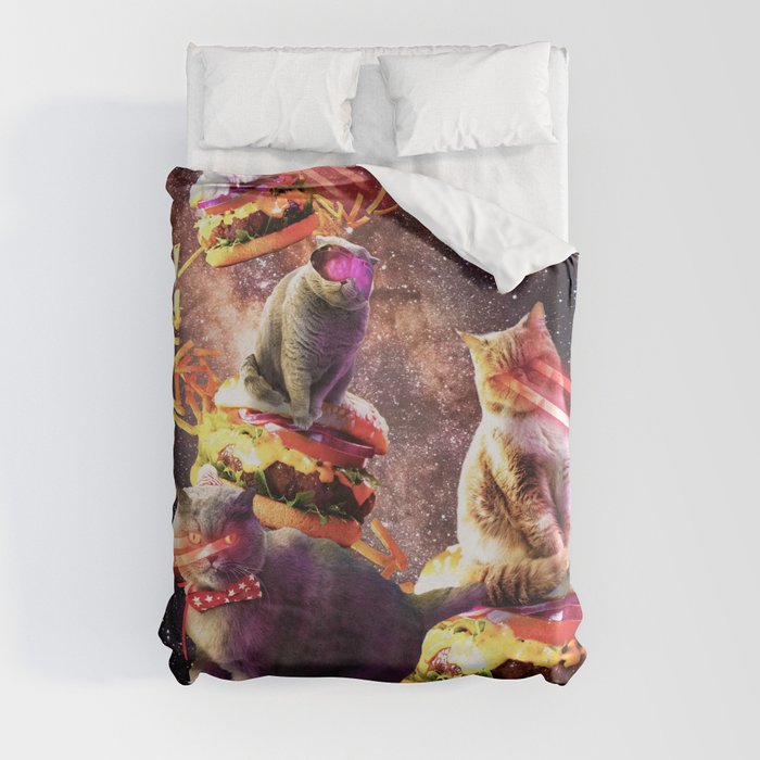 Galaxy Laser Cat On Burger - Space Cheeseburger Cats with Lazer Duvet Cover