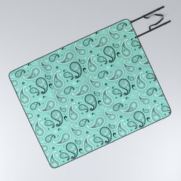 Black and White Paisley Pattern on Mint Blue Background Picnic Blanket