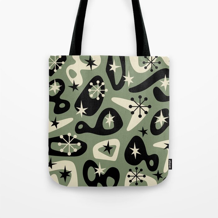Retro Mid Century Modern Spaced Out Composition 346 Black Sage Green and Beige Tote Bag
