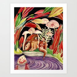 Little women Kunstdrucke | Green, Painting, Leaves, Fantasy, Womenofcolor, Fairyfolk, Mushrooms, Watercolor, Koipond, Purple 