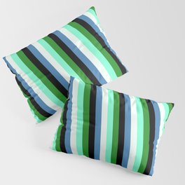 [ Thumbnail: Colorful Forest Green, Aquamarine, Mint Cream, Blue & Black Colored Stripes Pattern Pillow Sham ]