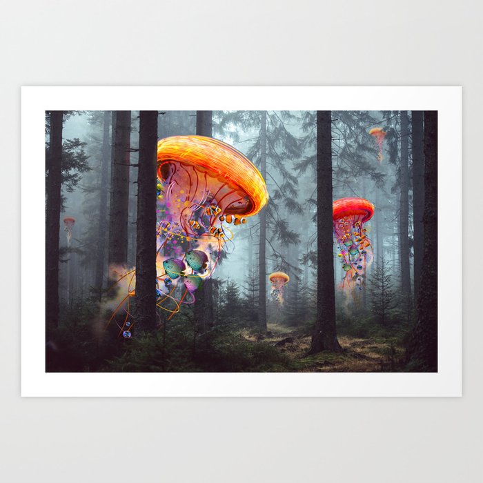 Electric Jellyfish Worlds in a Forest Art Print