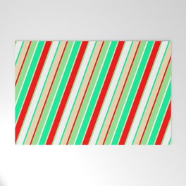 [ Thumbnail: Eye-catching Green, Tan, Red, Light Green, and White Colored Pattern of Stripes Welcome Mat ]