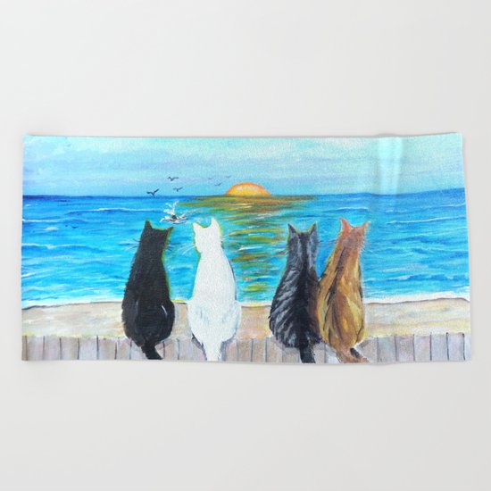 Cat Beach Sunset Beach Towel