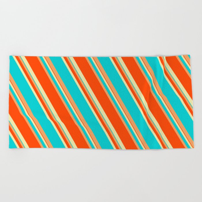 Pale Goldenrod, Dark Turquoise, Brown, and Red Colored Lines/Stripes Pattern Beach Towel