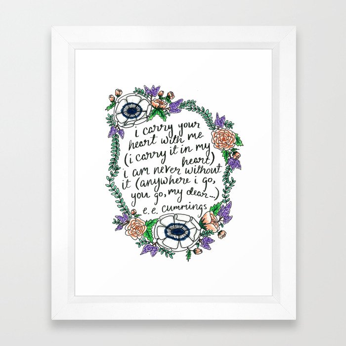Hand-lettered e.e. cummings quote with floral wreath Framed Art Print