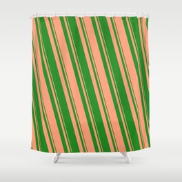 [ Thumbnail: Forest Green & Light Salmon Colored Lined/Striped Pattern Shower Curtain ]