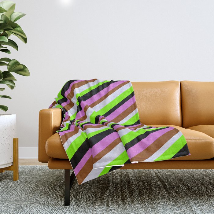 Colorful Orchid, Brown, Lavender, Chartreuse & Black Colored Stripes Pattern Throw Blanket
