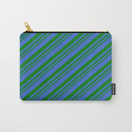 [ Thumbnail: Royal Blue and Green Colored Lines/Stripes Pattern Carry-All Pouch ]