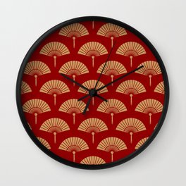 Red and Gold Oriental Chinese Japanese Hand Fan Pattern Art Design Wall Clock