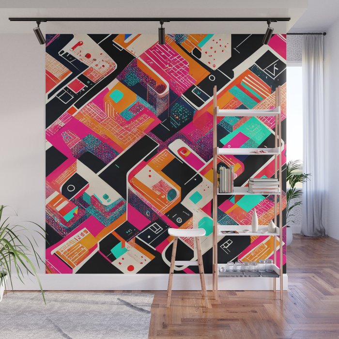 Abstract Muted Neon and Black Design Wall Mural